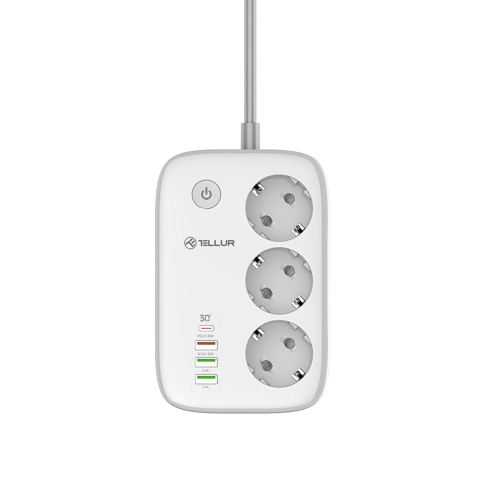 Smart WiFi Power Strip, 3 Outlets, PD30W, QC18W, 2xUSB 2.4A, 2500W, 10A, 2m - TELLUR