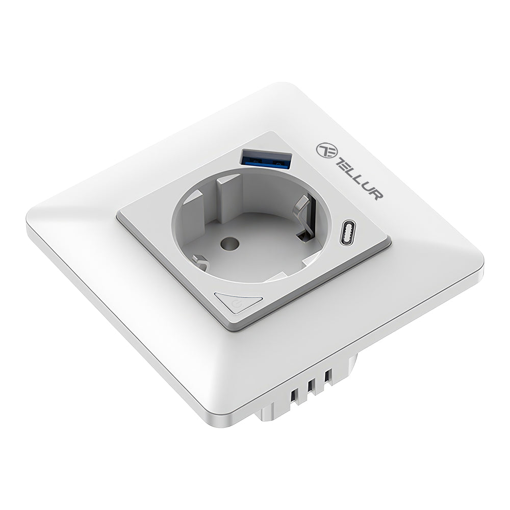 Smart WiFi Wall Plug, 3600W, 16A, PD20W, USB 18W, energy reading, white - TELLUR