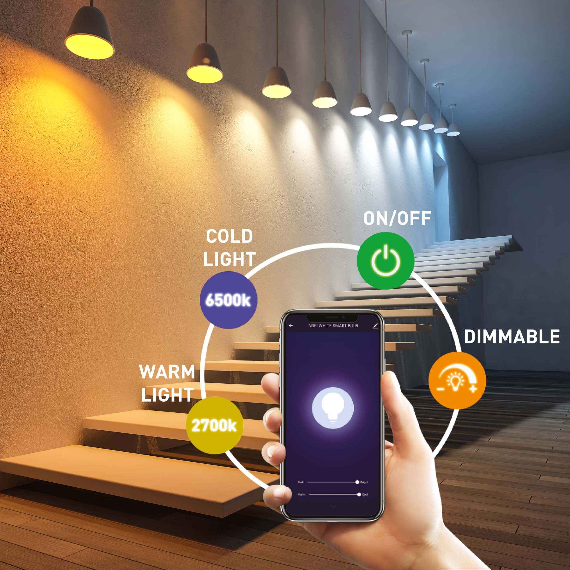 WiFi Smart Bulb E27, 9W, white/warm/RGB, dimmer - TELLUR