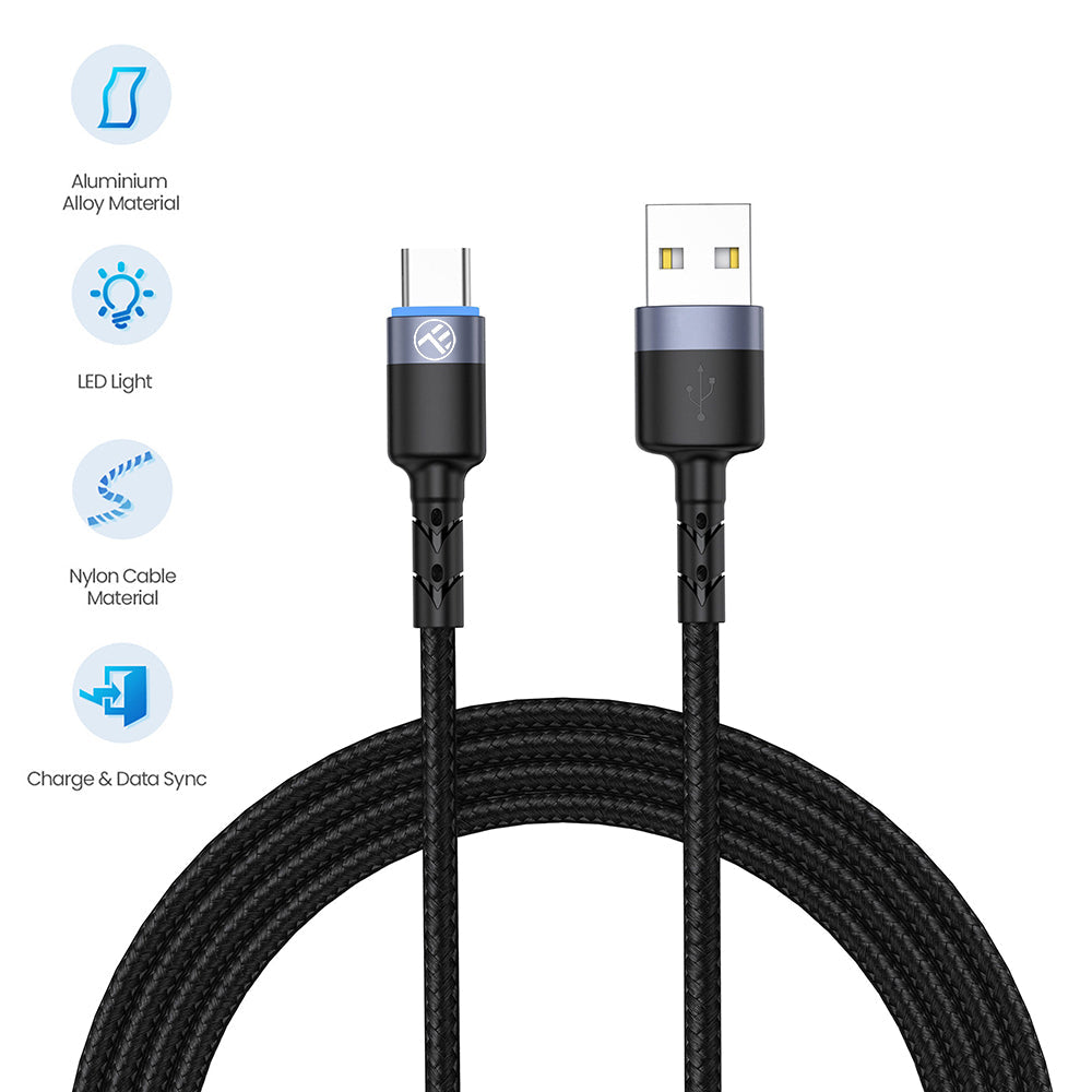 Data cable USB to Type-C with LED light, 2m - TELLUR