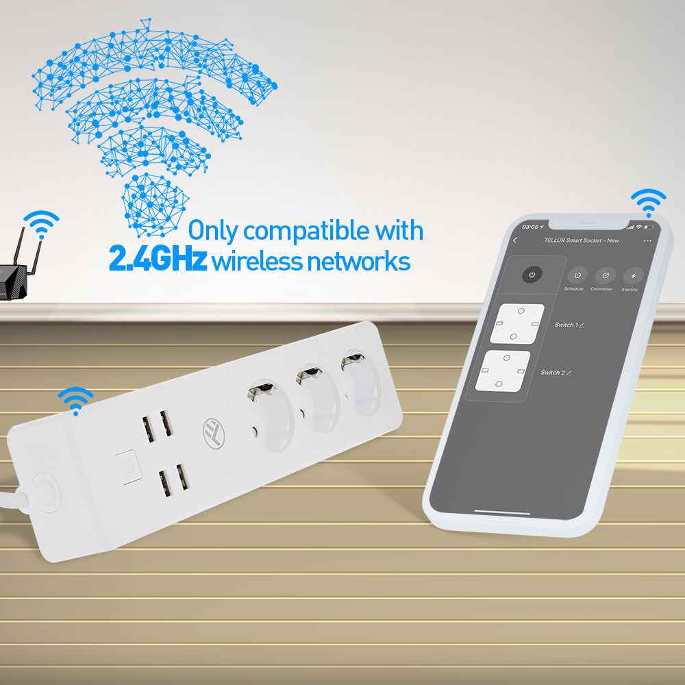 WiFi Power Strip 3 Outlets 4 USB 2200W 10A - TELLUR