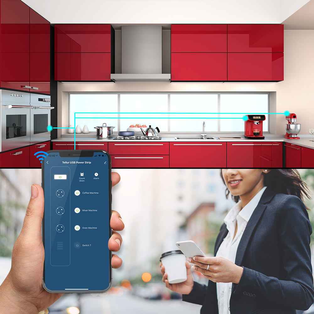 WiFi Power Strip 3 Outlets 4 USB 2200W 10A - TELLUR