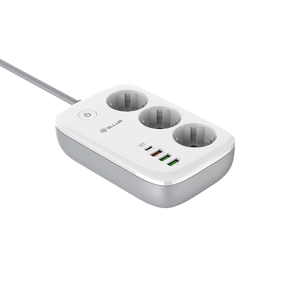 Smart WiFi Power Strip, 3 Outlets, PD30W, QC18W, 2xUSB 2.4A, 2500W, 10A, 2m - TELLUR