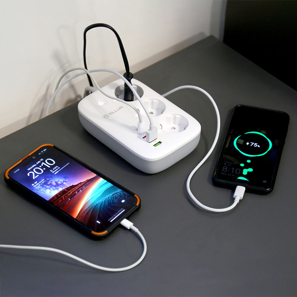 Smart WiFi Power Strip, 3 Outlets, PD30W, QC18W, 2xUSB 2.4A, 2500W, 10A, 2m - TELLUR
