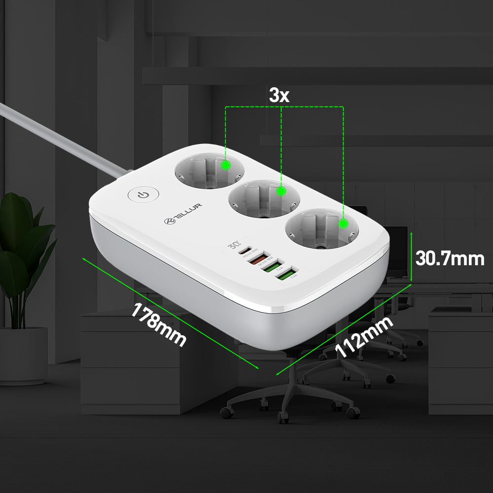 Smart WiFi Power Strip, 3 Outlets, PD30W, QC18W, 2xUSB 2.4A, 2500W, 10A, 2m - TELLUR