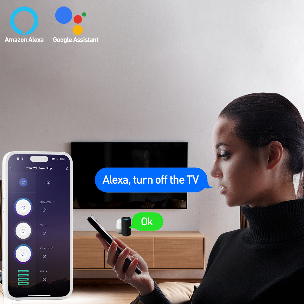 Smart WiFi Power Strip, 3 Outlets, PD30W, QC18W, 2xUSB 2.4A, 2500W, 10A, 2m - TELLUR