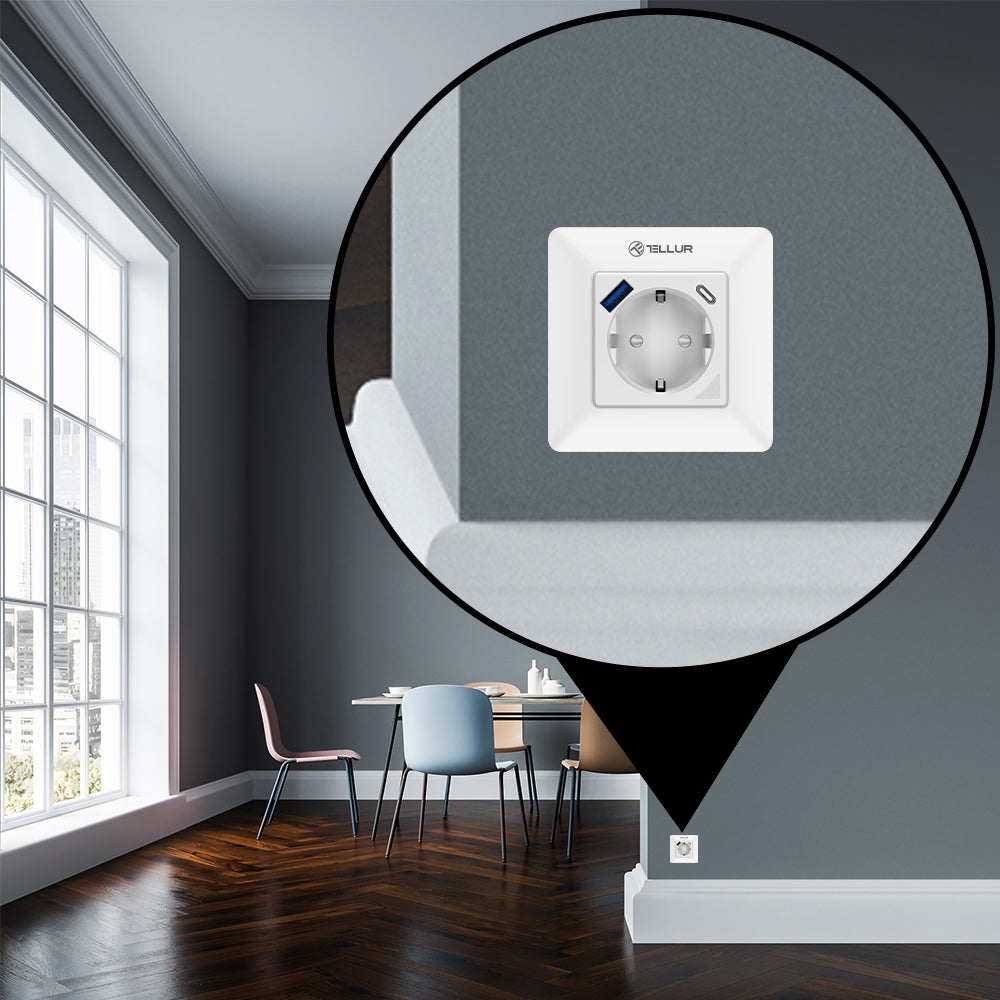 Smart WiFi Wall Plug, 3600W, 16A, PD20W, USB 18W, energy reading, white - TELLUR