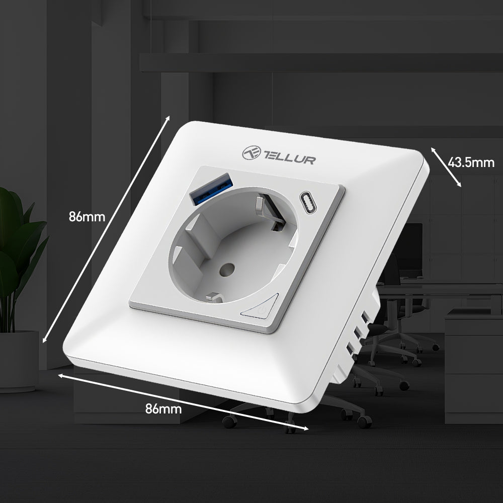 Smart WiFi Wall Plug, 3600W, 16A, PD20W, USB 18W, energy reading, white - TELLUR