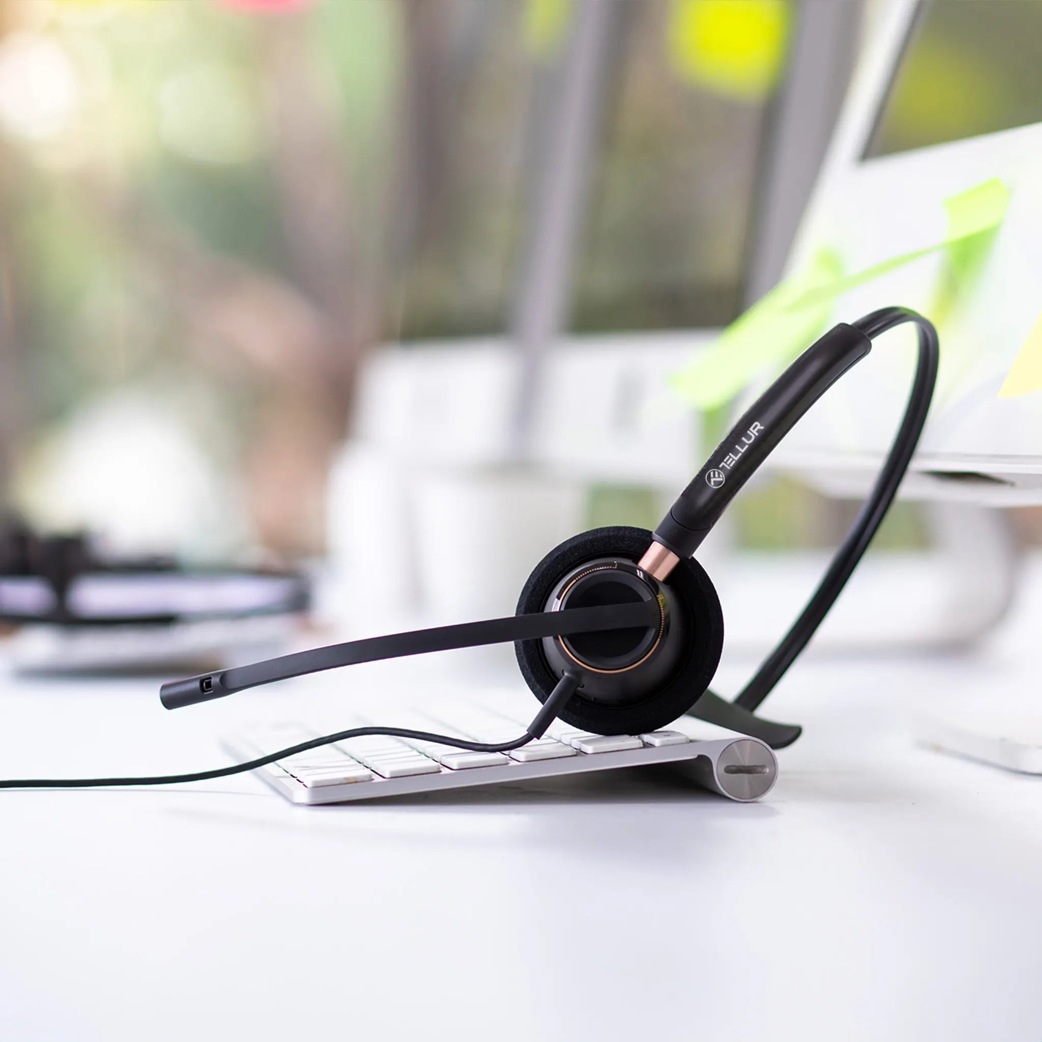 Professional call center headset on office desk
